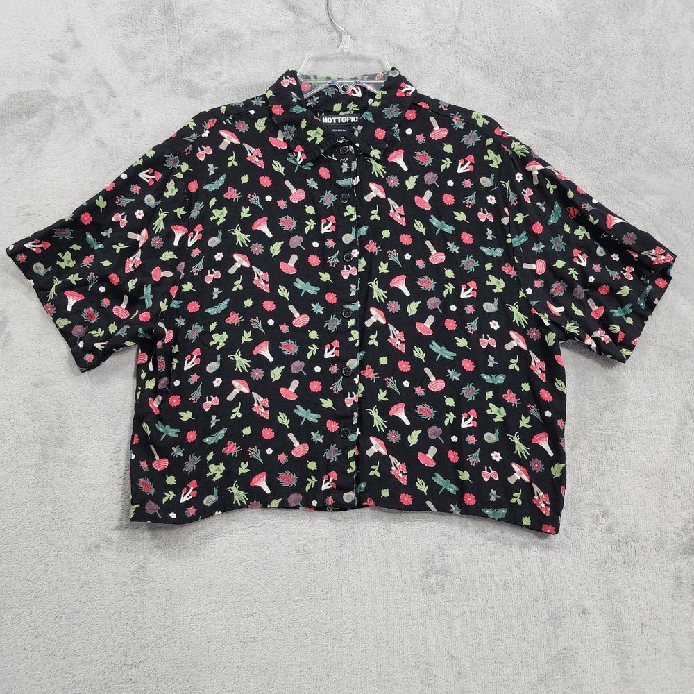 Hot Topic Shirt Womens S Black Mushroom Frog Floral Button Front Cropped Casual